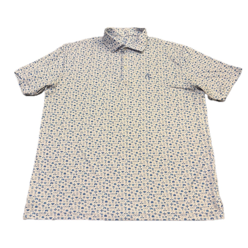 Rhoback Mens XL Performance Polo Shirt White Blue Golf Travel Icon Print Slv